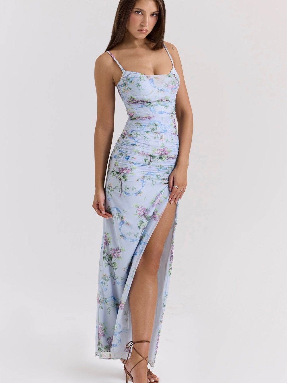 House of CB Lini Light Blue Floral Mesh Maxi Dress with Side Slit